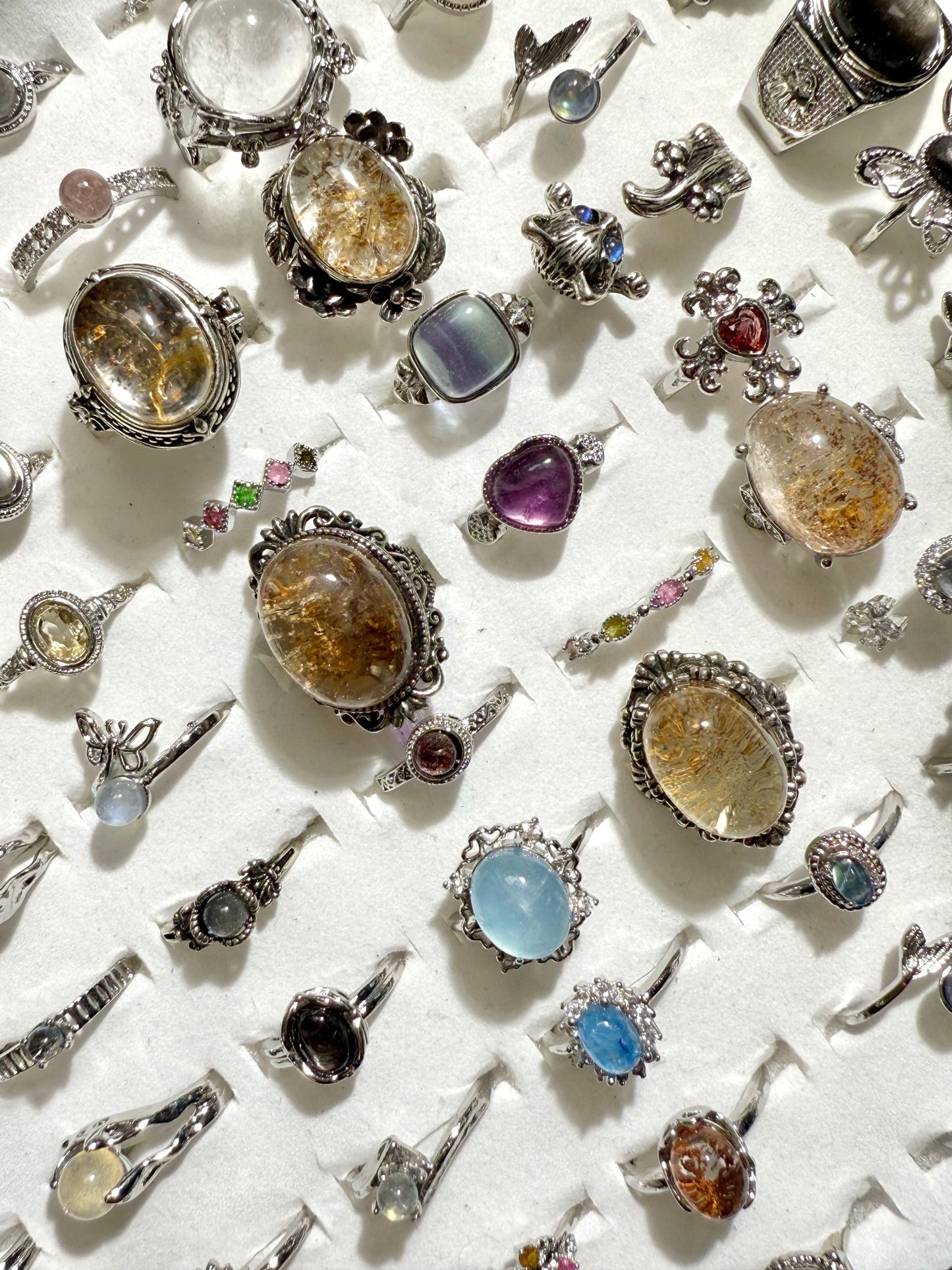 A11.NEW【Happy Jewelry】Natural Crystal Adjustable Rings, copper ring band with silver plated