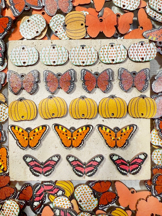 【Tranquil Countryside】wooden drilled pumpkin&butterfly mix, earring/keychain/crafting material