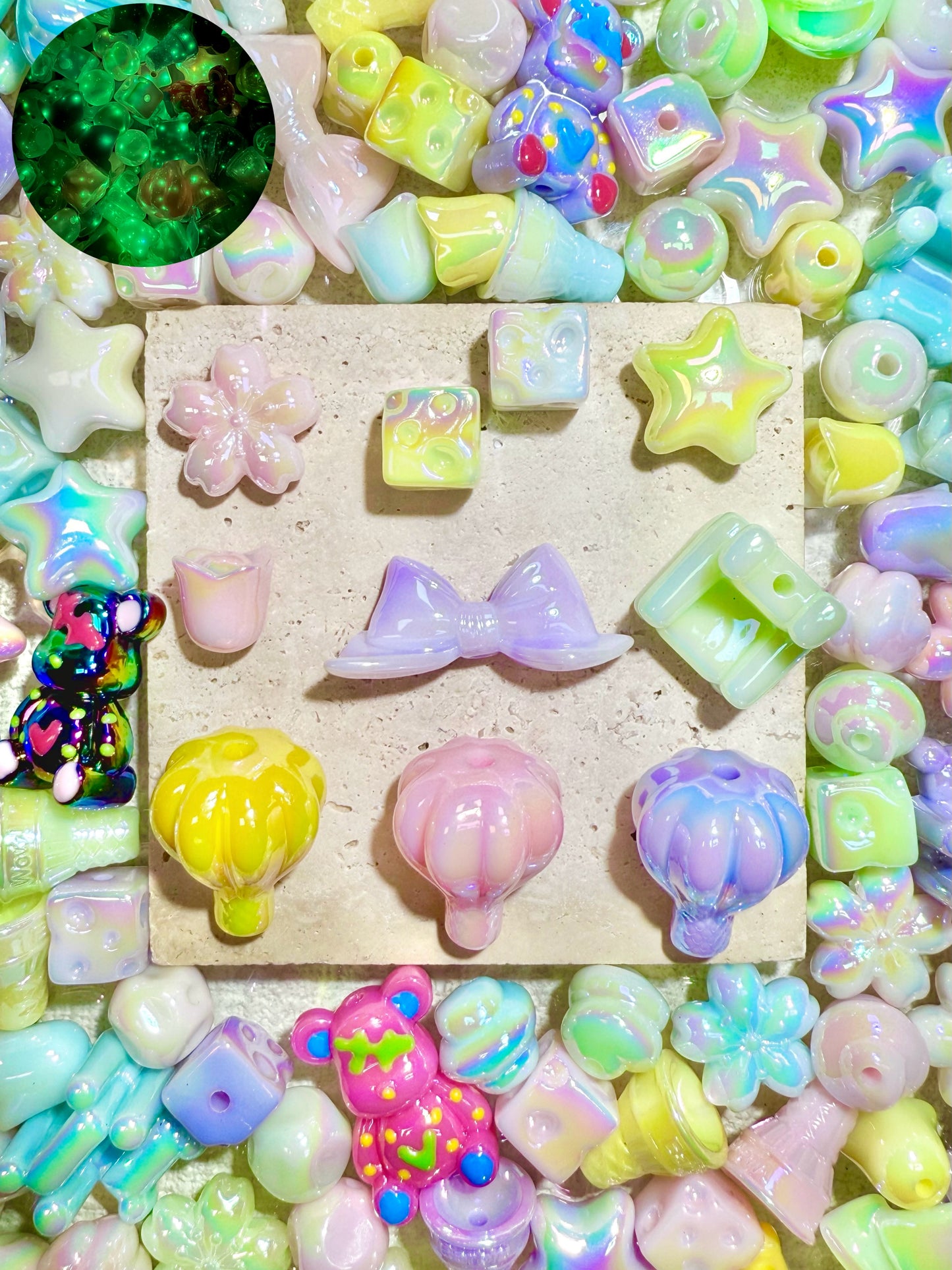 【Foire d'été】Perles acycliques lumineuses crémeuses : canapé, ours, cœur, nœuds papillon, fromage