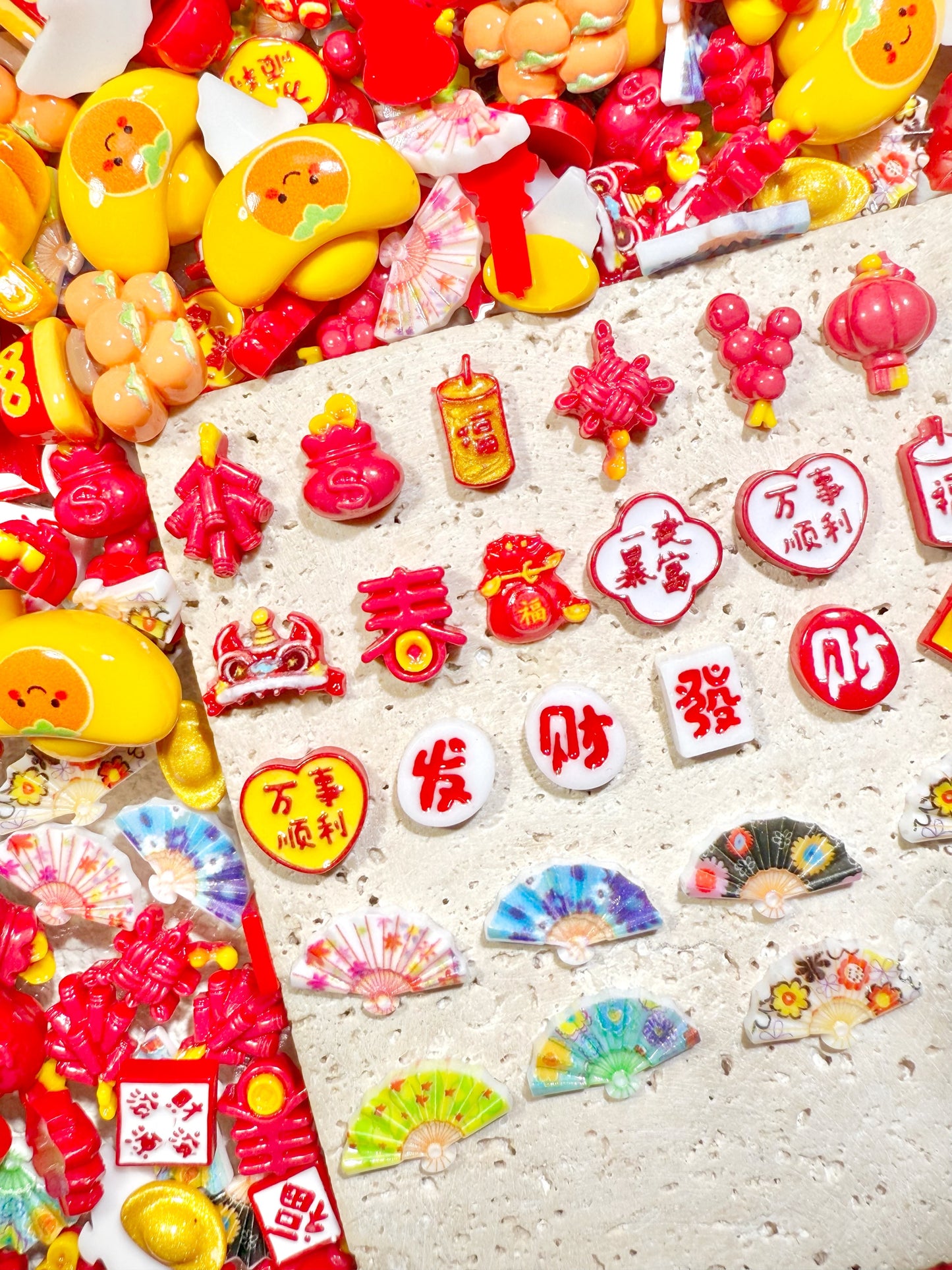 【New Year Show】chinese new year featured resin charms mix: fans/opera/gold ingot/oranges etc