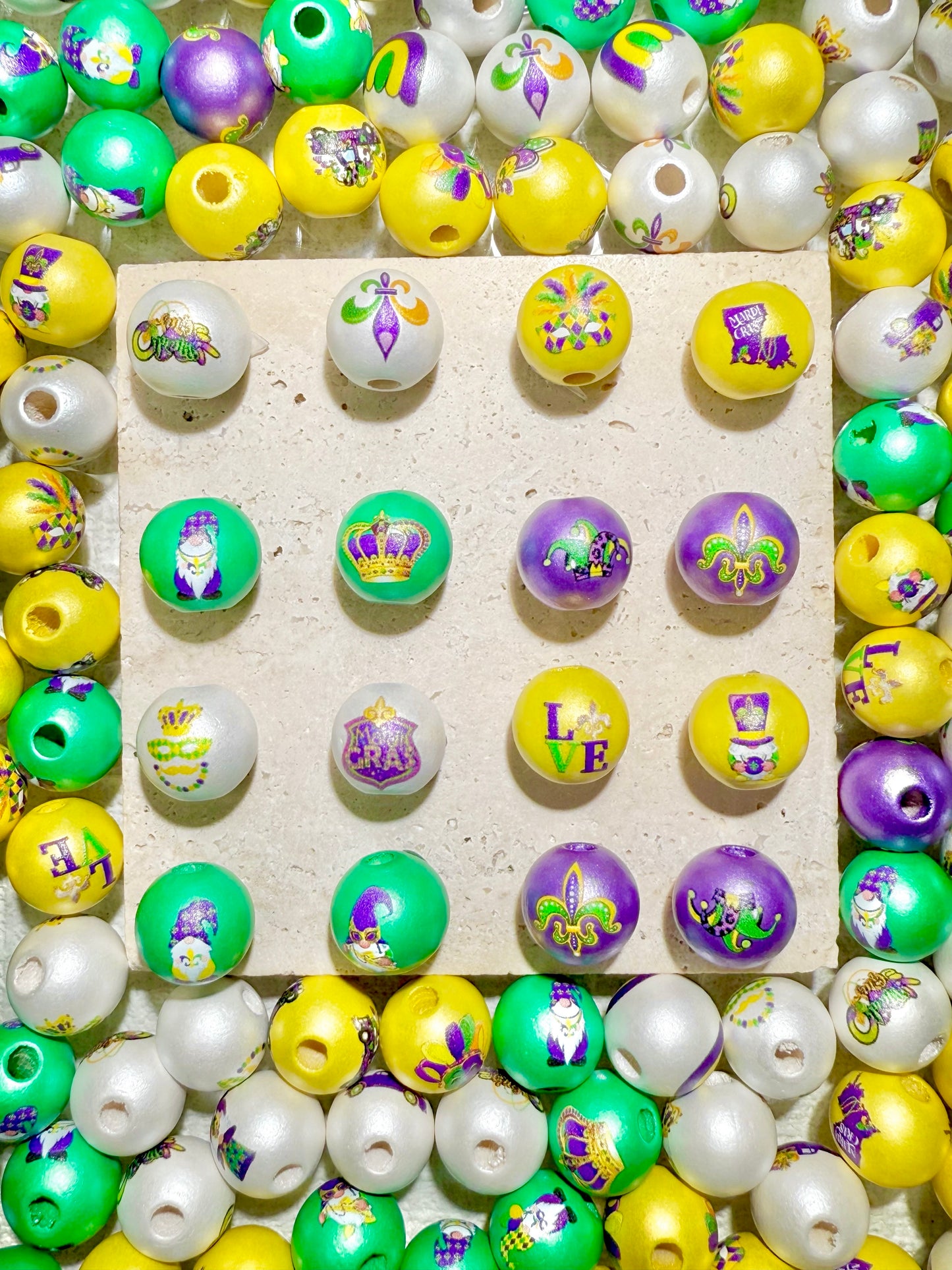 【Mardi Gras】Perles en bois de 16 mm, stylos/porte-clés/bracelets/couronnes à faire soi-même