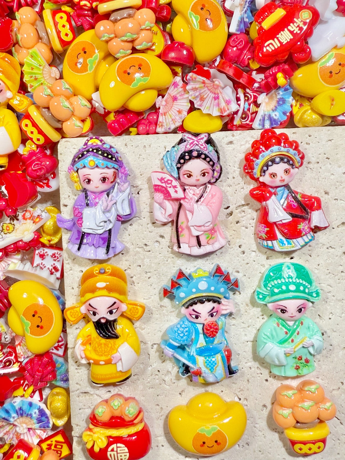 【New Year Show】chinese new year featured resin charms mix: fans/opera/gold ingot/oranges etc